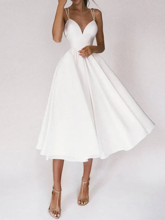 Women Plain V Neck Gallus Comfy Casual Midi Dress